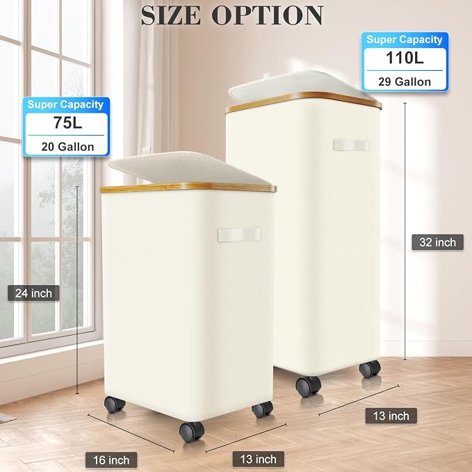 Laundry Hamper with Wheels,29 Gal (110L) Laundry Basket with lid Rolling Clothes Hamper Foldable Dirty Clothes Basket on wheels with Bamboo Frame and Bag for Bedroom, Dorm, Laundry Room-White - Image 3
