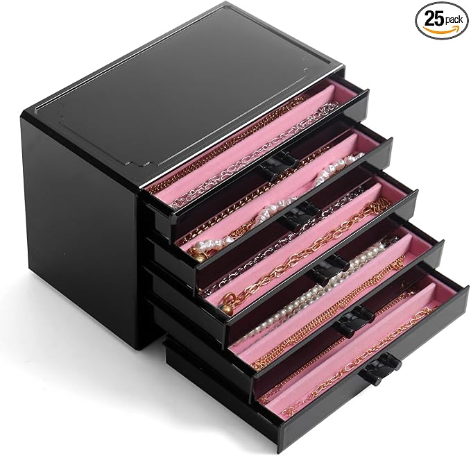 YUFONG Necklace Holder Organizer, Dustproof Necklace Box Velvet Necklace Organizer Box with Lid Clear Acrylic Dustproof Stackable Jewelry Displays for Necklaces Chain Display (Black Pink, 5 Drawer) by YUFONG