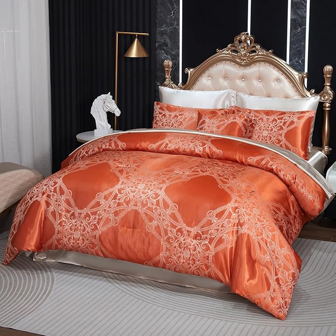 Jacquard Full Comforter Set with Beige Sheet Set Orange Bedding Set 8 Pcs Embroidery Neoclassical Floral Elegant Bed Home Decor Soft Down Comforter Luxury Hotel Silky Bed in a Bag with 1 Cushion Cover