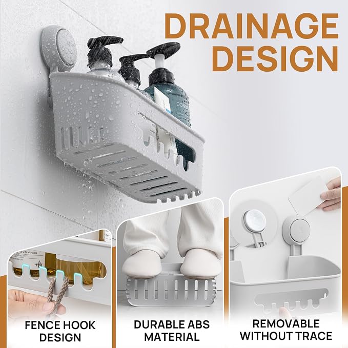 LEVERLOC Shower Caddy Suction Cup 2 Pack, Shower Organizer Removable Bathroom Shelf, Storage for Inside Shower Powerful Suction Max Hold 22lbs Waterproof Holder, Gray - Image 3