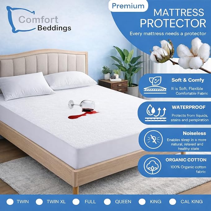 Comfort Beddings 100% Organic Cotton Mattress Protector RV King Size Mattress Cover 250GSM, Waterproof, Noiseless Fitted Bed Cover Protector with 8"-18" Deep Pocket