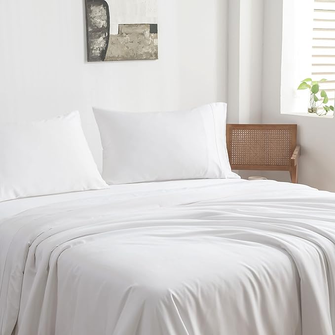 Viscose Bamboo Bed Sheets Full Sizes 4PC Set - Cooling Bedding for Hot Sleepers with Moisture Wicking Technology - Silky Soft 16 Inch Deep Pocket - White 54"x75"