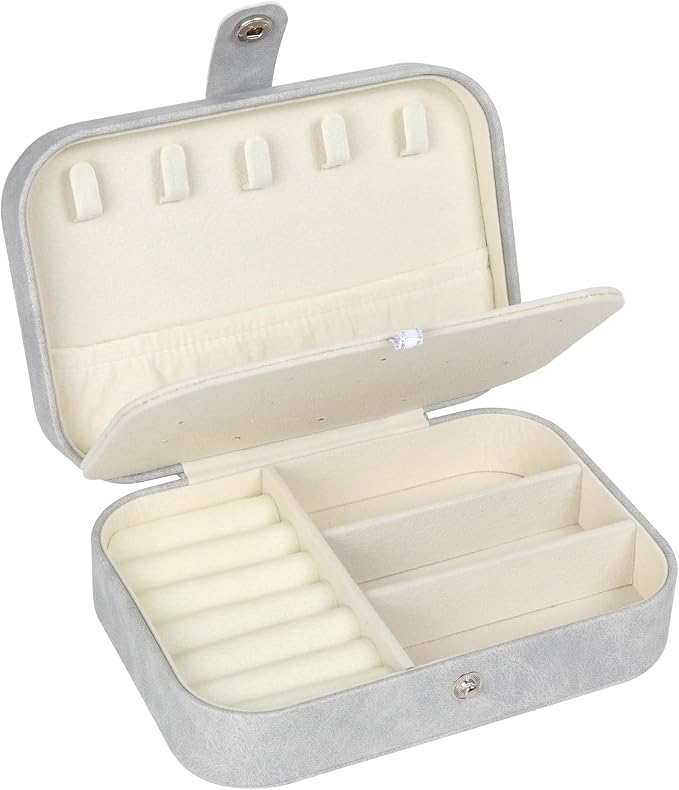 Hatori Travel Jewelry Box, PU Leather Small Jewelry Organizer for Women Girls, Portable Mini Travel Case Display Storage Holder Boxes for Stud Earrings, Rings, Necklaces, Bracelets (Grey) by SAJOMA