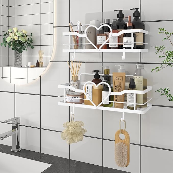 White Shower Caddy with 4 Removable Hooks, 2 Pack Sweet Heart Shower Shelves,No Drilling Adhesive Organizer Shelf for Bathroom Shower,Kitchen,Bedroom - Image 7