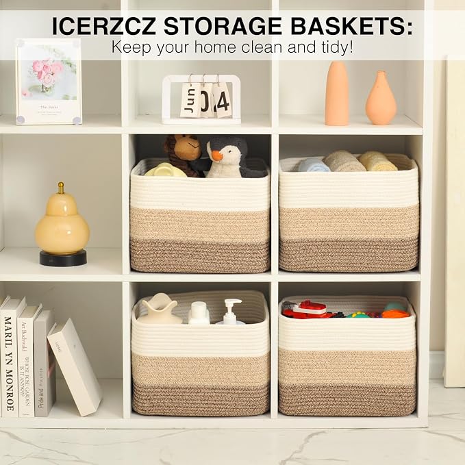 ICERZCZ Storage Baskets for Organizing & Shelves, Woven Cotton Rope Organization Bins for Dog Toys, Clothes, Books, Nursery Organizer, 15"Lx11"Wx9.5"H, (4 Packs) Gradient Brown - Image 6