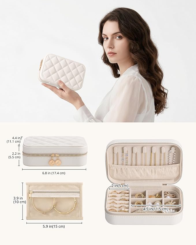 Lolalet Travel Jewelry Case for Women Girls, PU Leather Jewelry Organizer with Clear Storage Bag Small Portable Jewelry Box for Necklace Bracelet Earring Ring Mothers Day Birthday Gifts -Medium/Beige - Image 5