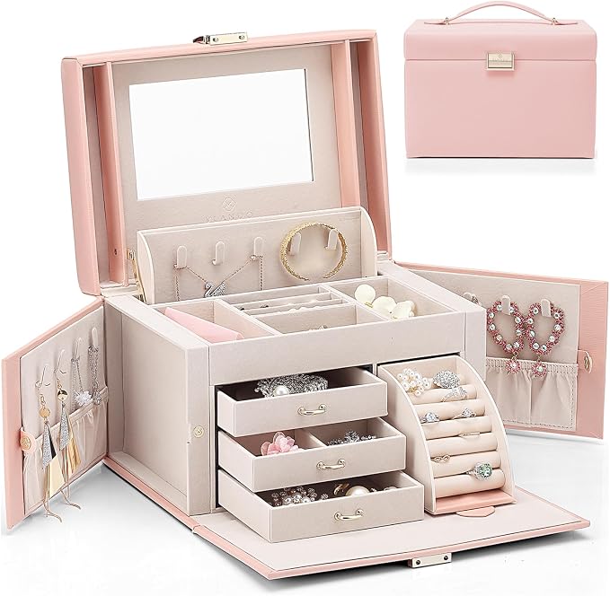 Vlando Mirrored Jewelry Box Organizer, Leather Jewelry Storage Case, Necklaces Earrings Rings Brackets Box Holder, Pink by VLANDO