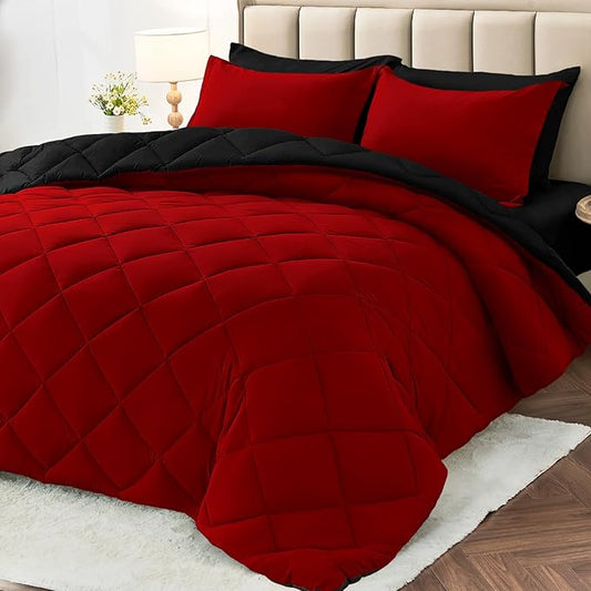 MUXHOMO 7 Pieces Oversized Queen Comforter Set, Reversible Bed in a Bag Oversized Queen Size, All Season Bedding Set with Comforter, Flat Sheet, Fitted Sheet, Pillowcases & Shams, Red & Black