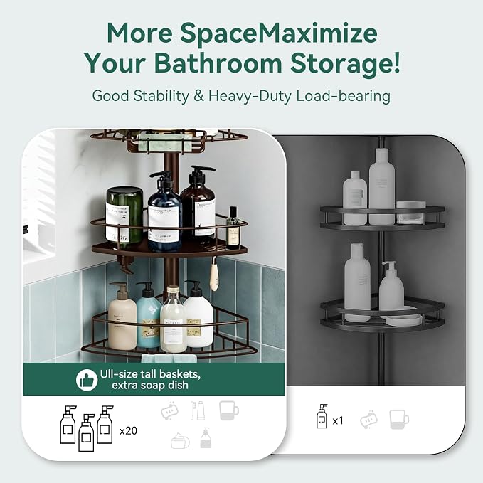 Corner Shower Caddy Tension Pole, 4 Tier Rustproof Shower Tension Rod Organizer, Adjustable 25-125 Inch Bathroom Shower Organizer Shelves for Bathtub Shampoo Storage, Brown - Image 4