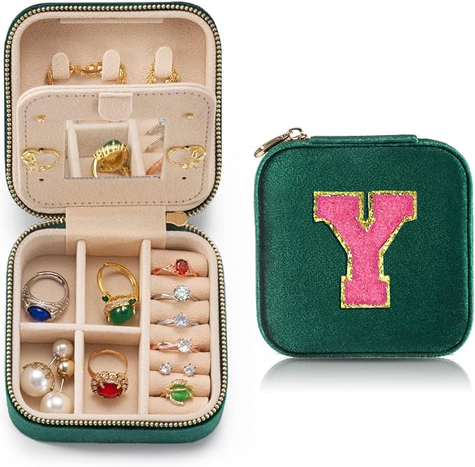 Personalized Velvet Travel Jewelry Case Box For Women Ring Necklace Earring Holder Organizer with Mirror Green Girls Box Birthday Gifts Mom Initial Y by HKDSGF