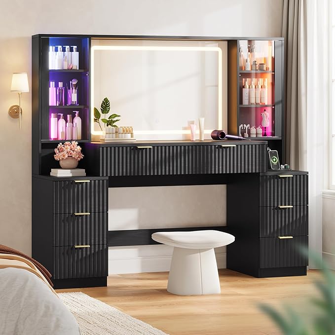 HAUOMS Big Vanity, 59.1" Fluted Wood Makeup Vanity Desk with Mirror and Sound Sync LED Lights, Large Vanity Dressing Table, 8 Drawers, 2 Glass Cabinets, with Charging Station for Girls, Women (Black)