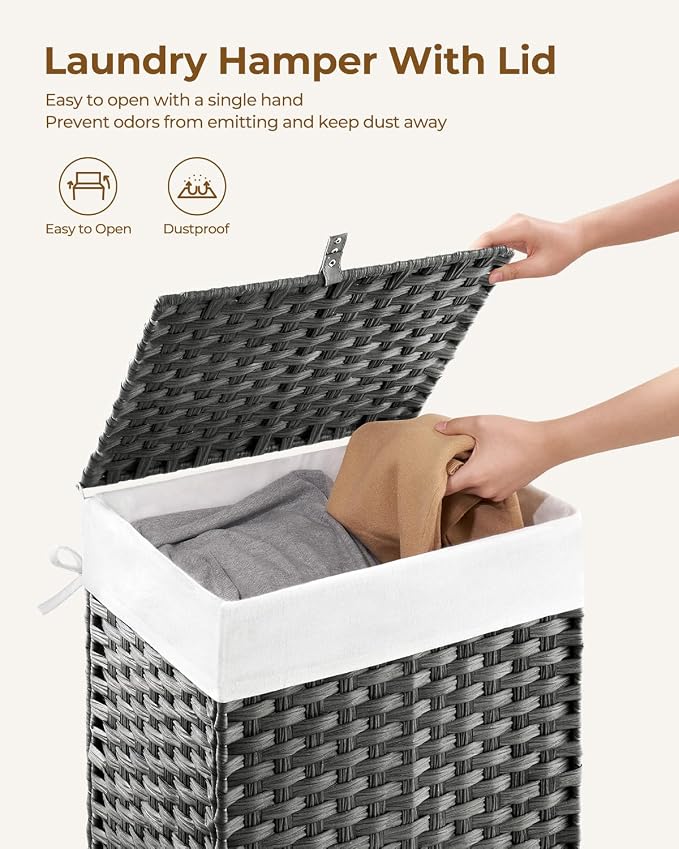Greenstell Laundry Hamper with Lid, 90L Clothes Hamper with 2 Removable Liner Bags & 2 Mesh Laundry Bags, Handwoven Synthetic Rattan Laundry Basket for Clothes, Toys in Bathroom, Bedroom Grey - Image 5
