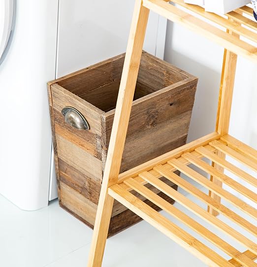 Small Wood Trash Can, Farmhouse Rectangular Garbage Can Waste Basket, Rustic Distressed Reclaimed Wood Wastebasket, Vintage Wooden Trash Recycling Bin Storage Basket with Metal Handles (Natural) - Image 9