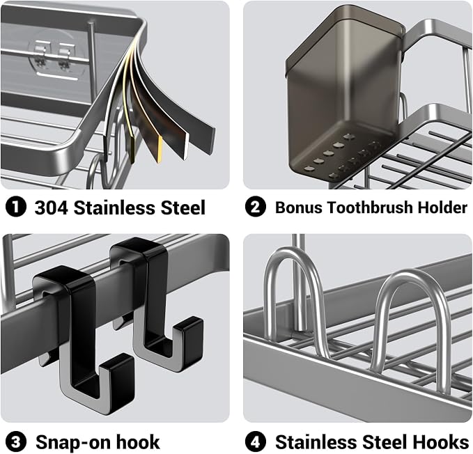 Corner Shower Caddy Bathroom Organizer: AKTECKE 2 Pack Adhesive Shelf Decor- No Drilling Stainless Steel Storage Rack with Hooks and Toothpaste Holder - Accessories Stuff - Image 5