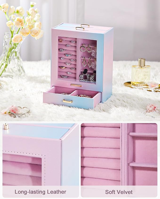 Homde Jewelry Organizer Girls Women Jewelry Box for Necklaces Rings Earrings Gift Bracelets Storage Case (Blue - Pink Gradient + Gold) - Image 7