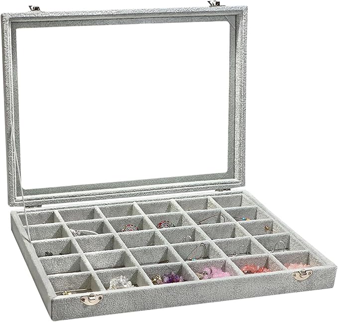 Stratalife Jewelry Organizer Jewelry Holder Storage Earring Organizer Box Tray with Lid Velvet Earring Display for Drawer 30 Grid Grey by Stratalife