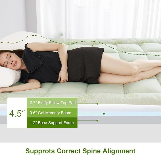 Pillow Top Mattress Topper Twin Size, 4.5” Cooling Dual Layer Mattress Topper (2.7" Extra Thick Soft Plush Mattress Pad & 0.6" Gel Memory Foam &1.2" Firm Foam for Back Pain)