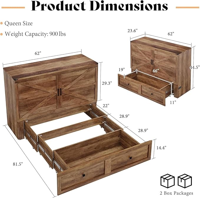 LUXOAK Queen Murphy Bed with Storage and Charging Station, Farmhouse Cabinet Bed, Noise-Free, for Guest Room, Apartment, or Office, Barnwood