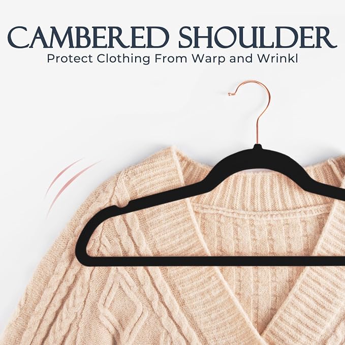 HOUSE DAY Velvet Hangers 30 Pack, Premium Non-Slip Felt Hangers, Sturdy Black Clothes Hanger Heavy Duty, Space Saving Durable Suit Coat Hanger, 360° Rotating Rose Gold Hook - Image 5