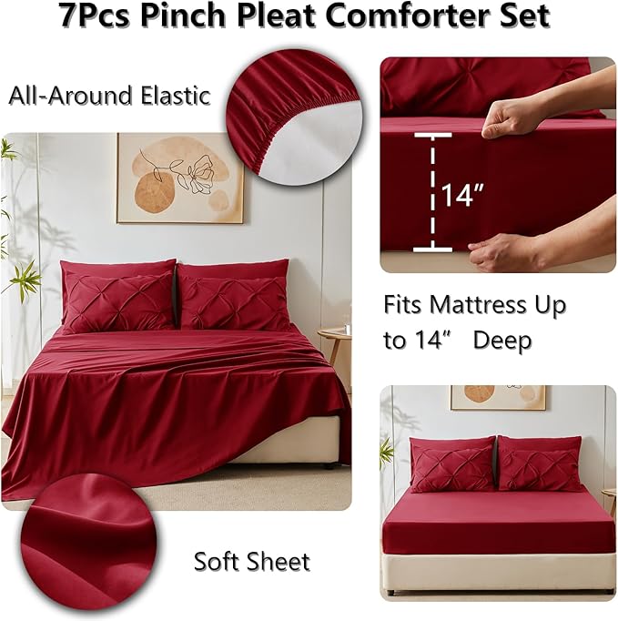 CozyLux Queen Comforter Set Dark Red, 7 Pieces Pintuck Bed in A Bag, Premium Red Comforter Queen Size, Pinch Pleat Bedding Sets with Comforter, Sheets, Pillowcases & Shams