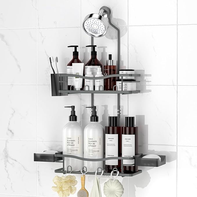 REINHARDT Shower Caddy Hanging, Rustproof Bathroom Caddy Anti-Swing Shower Organizer No Drilling Bath Racks with Soap Holder Multi Hooks Bathroom Storage for Shampoo Sponge, Grey by REINHARDT