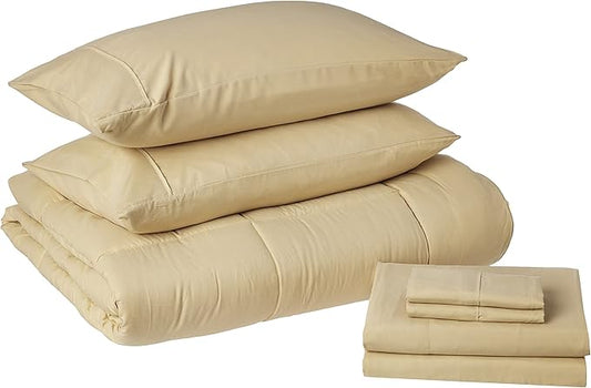 Sweet Home Collection 7 Piece Comforter Set Bag Solid Color All Season Soft Down Alternative Blanket & Luxurious Microfiber Bed Sheets, Camel, Queen