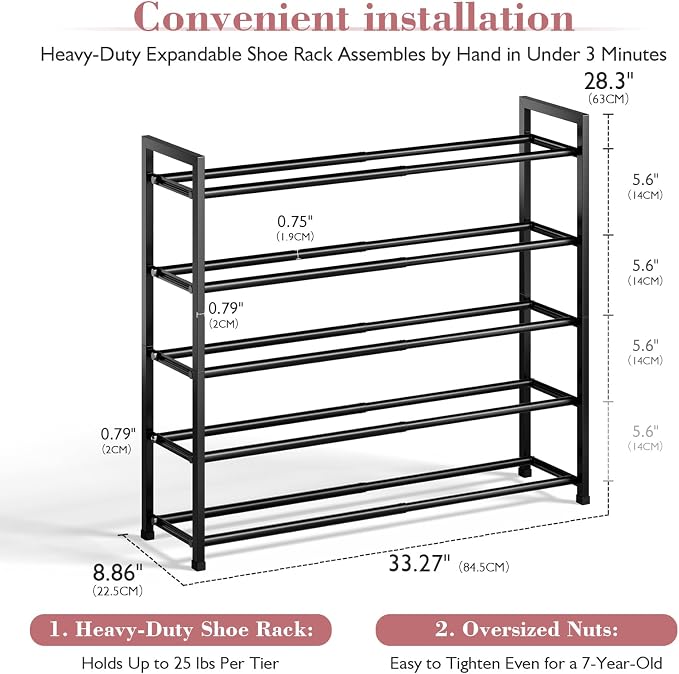 Bumusty 5-Tier Expandable Shoe Rack for Closet, 18“-33” Adjustable Shoe Rack for Small Space, Small Shoe Organizer for Front Door, Sturdy Metal (Black) - Image 3