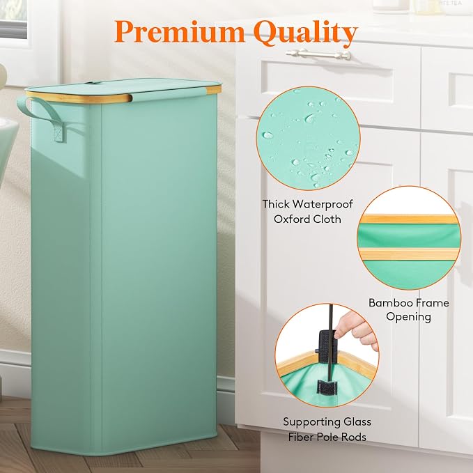 Lifewit 65L Slim Laundry Hamper with Lid, Narrow Laundry Basket with Removable Bag & Bamboo Handles, Fodable Thin Dirty Clothes Hamper for Laundry Collapsible Bin for Bathroom Bedroom Dorm, Sage Green - Image 7