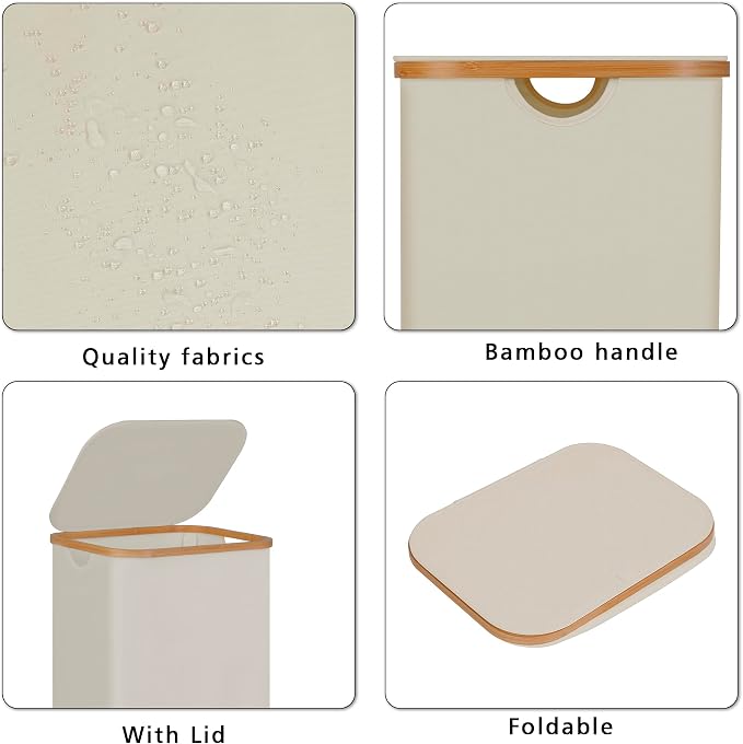 100L Laundry Hamper with Lid, Lagre Basket with Bamboo Handles,Foldable Clothes Hamper Tall Dirty Laundry Basket for Clothes Toys Towels Organizing,Beige - Image 2