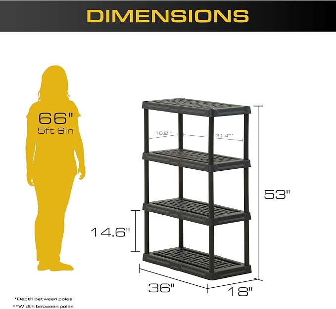 CENTREX CX 4-Tier Heavy Duty Plastic Storage Shelves that Support up to 150lbs/shelf, Organization and Storage, Weather-Resistant Design, Easy Assembly, 2 Pack, Black (53”H x 36”W x 18”D) - Image 2
