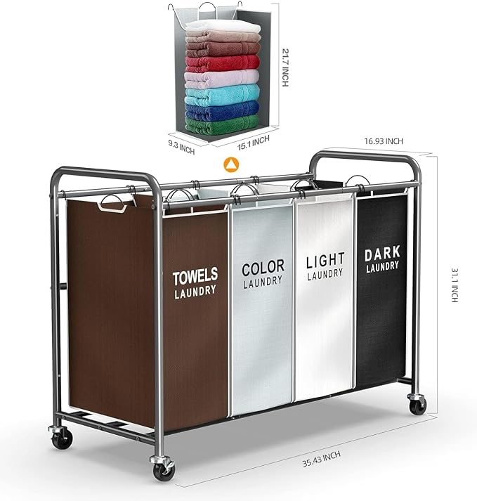 ROMOON Laundry Hamper Sorter Cart: 4-Section Organizer with Heavy-Duty Lockable Wheels and Removable Bags | 180L Rolling Laundry Basket for Dirty Clothes in Laundry Room or Small Spaces (Multicolor) - Image 6