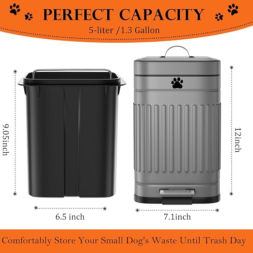 Dog Poop Trash Can Outside, 5L/1.3Gal Metal Dog Waste Trash Can with Lid, Foot Pedal, Pet Waste Container with 40 Bags, Poop Bucket with Lid Soft Close for Pet, Grey - Image 2