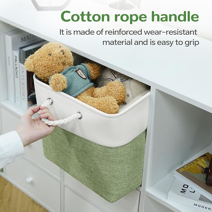 13 x 13 Inch Cube Storage Bins, 6 Pack Fabric Storage Basket with Handles, Foldable Boxes Organizer for Shelf Baskets for Home, Clothes (White/Green) - Image 2