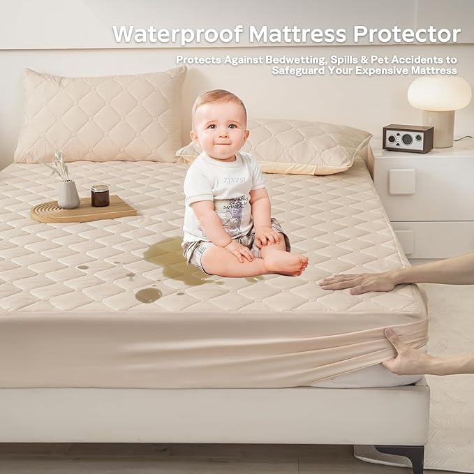 Queen Mattress Protector Waterproof, 18” Deep Pocket Fitted Sheet Queen+2pcs Pillow Cases - Leakproof, Oeko-TEX Certified, Breathable & Noiseless,Machine Washable (Khaki)