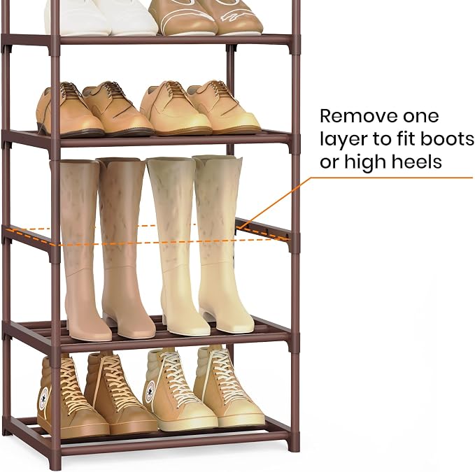 Tall 10 Tier Shoe Rack - 20-24 Pair Storage, Sturdy Metal Shoe Organizer with Hooks for Closet, Entryway, Brown - Image 5