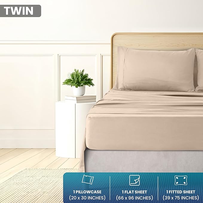 Utopia Bedding Twin Size 3 Piece Sheet Set - Brushed Microfiber - Soft Bed Sheets for Twin Size Bed Set - Includes 1 Fitted, 1 Flat, & 1 Pillow Case - Deep Pocket (Beige)