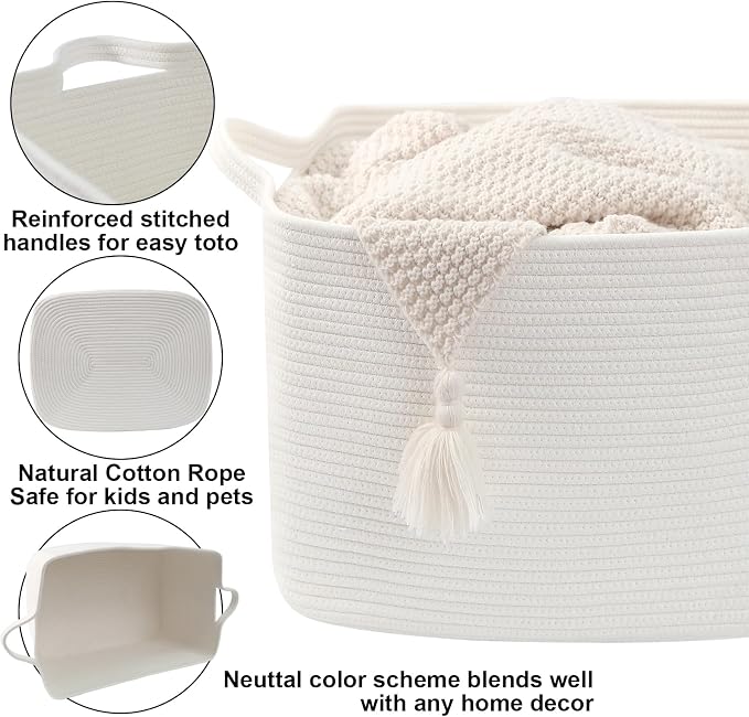 Large Blanket Basket,Woven Rope Basket Storage Bin with Handles,65L Rectangle Laundry Basket for Magazines,Toys,Clothes,Newspaper Shelf Organization,Nursery and Living Room,White - Image 3
