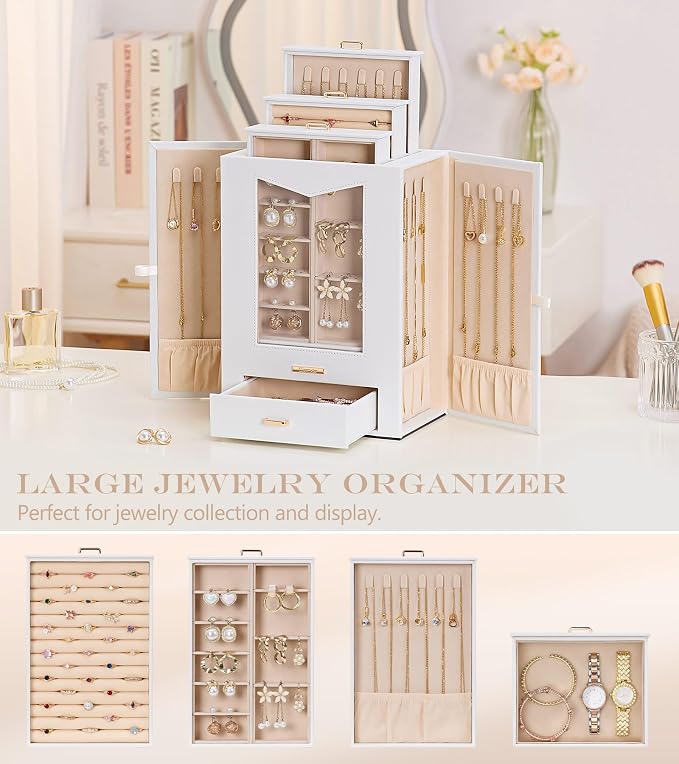 Homde Jewelry Organizer with Transparent Window Necklace Hooks Gift for Women Jewelry Box Display Case for Necklaces Rings Earrings Bracelets and Other Jewelry Accessories (White + Gold) - Image 5