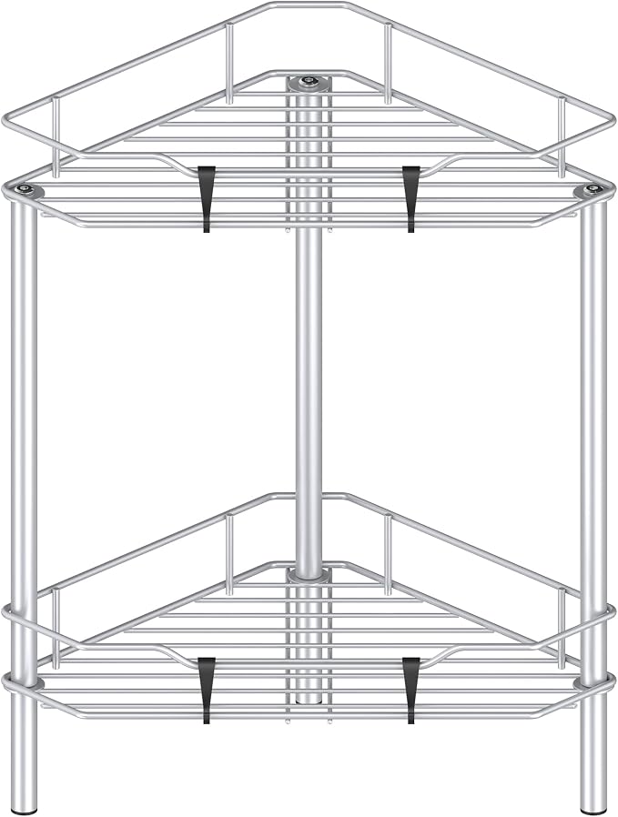HuggieGems 2 Tier Floor Standing Corner Shower Caddy Organizer Shelf with Hooks, Bathroom Shelves Stand Rack, Silver by HuggieGems