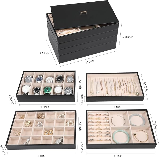 Voova Stackable Jewelry Organizer Tray with Lid, PU Leather Jewelry Storage Holder for Drawer Inserts, Jewellery Display Box Case for Earring Necklace Ring Watch Bracelet (Set of 4, Black) - Image 5