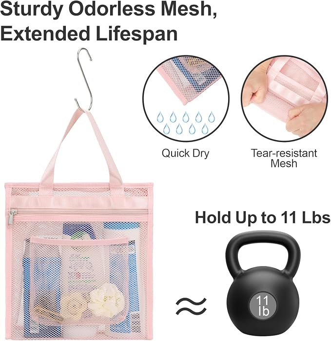 F-color Mesh Shower Caddy Portable Hanging - 3 Pockets Small Shower Bag Tote with Zipper Closure for Camping, Gym Lockers, Travel, Toiletry, Quick Dry Bathroom Essentials with S Hook, Pink - Image 5