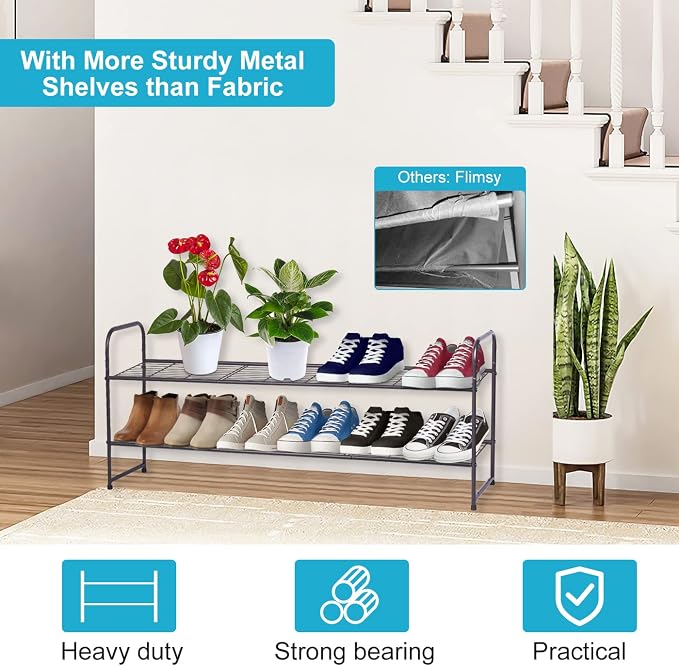 KEETDY 2-Tier Long Shoe Rack for Closet Entryway Shoe Organizer for 18 Pairs Sneakers, Metal Stackable Shoe Storage Shelf with Wire Grid for Bedroom, Floor, Bronze - Image 3