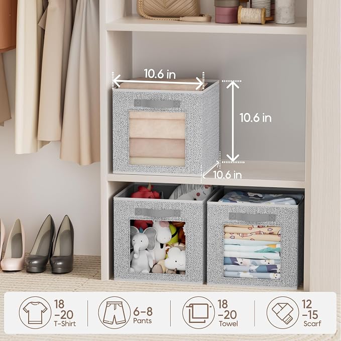 Homsorout Foldable Storage Cubes - Cubby Storage Organizer with Window, Decorative Baskets for Organizing, 11 Inch Fabric Cube Shelf Bins, Set of 10, Light Gray - Image 4