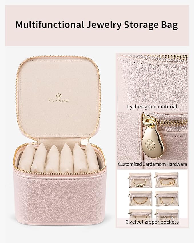 Vlando Travel Jewelry Case,Jewelry Organizer with 6 zipper velvet Jewelry bags for Women Girl,Wedding Birthday Gift Ideas for Women Earrings Rings Storage Gift Box Packaging Pink - Image 4
