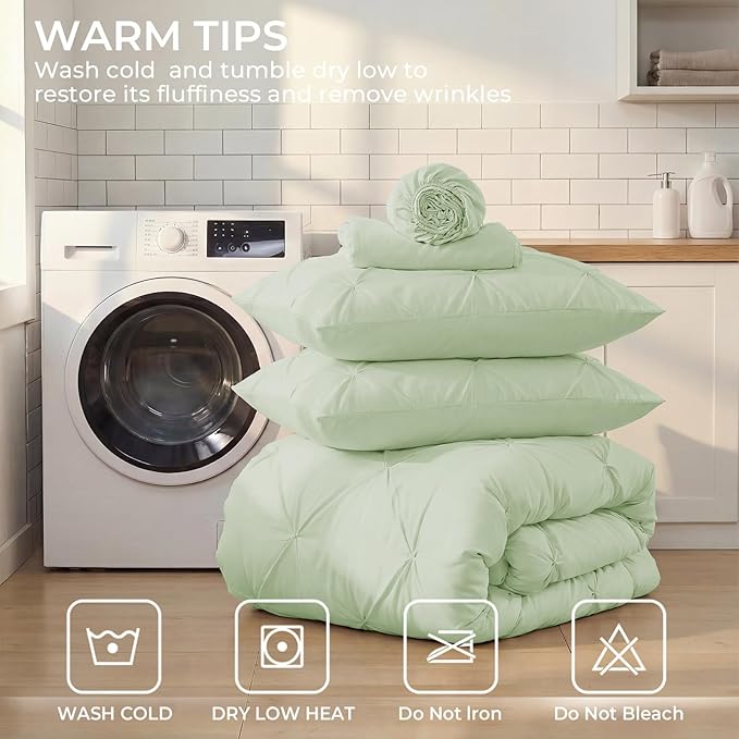 Sasttie Twin XL Comforter Set, 5-Piece Bed in a Bag, Pintuck Bedding Sets for All Season, Includes Comforter, Flat Sheet, Fitted Sheet, Pillowcase and Pillowsham, Mint