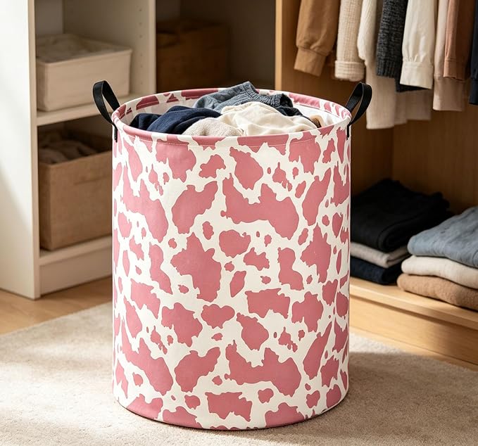 Kids Laundry Basket Cow Hamper for Nursery Pink Hamper Cute Kids Storage Bin Organizer Room Decor for Home(Pink cow) - Image 4