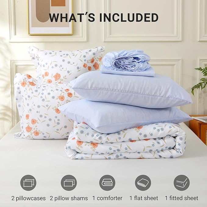 MUXHOMO Orange Blossom Full Comforter Set, Elegant Floral Print Bed in a Bag 7 Pieces, Ultra Soft & Breathable Reversible Botanical Pattern Bedding Set with Comforter, Sheets, Pillowcases, and Shams