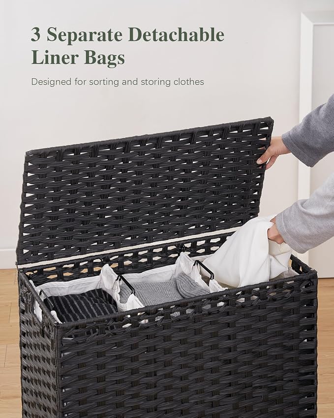 SETVSON Laundry Hamper with Lid 132 L, (35 Gallons) Clothes Hamper with Lid, Handwoven Rattan Laundry Hamper with Metal Heightened Feet, Laundry Hampers with 3 Removable Liner Bags for Laundry-Black - Image 3