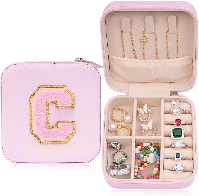 ETHOON Jewelry Travel Case Small Organizer Stocking Box Personalized Gifts Teenage Jewelry Accessories Holiday Wedding Christmas Gift for Women Pink, Letter C by ETHOON