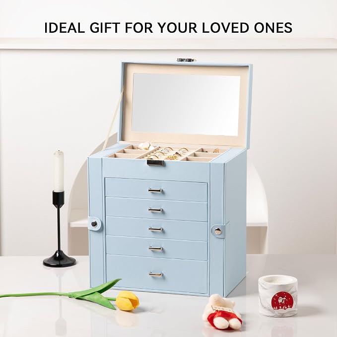 Frebeauty Large Jewelry Box,6-Tier PU Leather Jewelry Organizer,Multi-functional Storage Case with Mirror,Accessories Holder with 5 Drawers for Necklace Bracelets Watches(Sky Blue) - Image 7